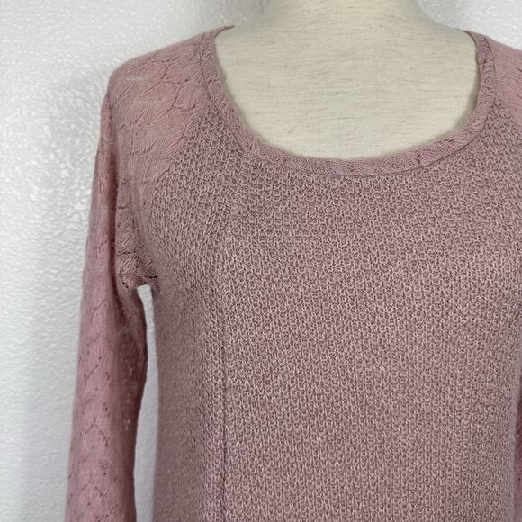 Anthropologie One September Top Small Dusty Rose Lace Feather Boho Mixed Thermal - Picture 5 of 16